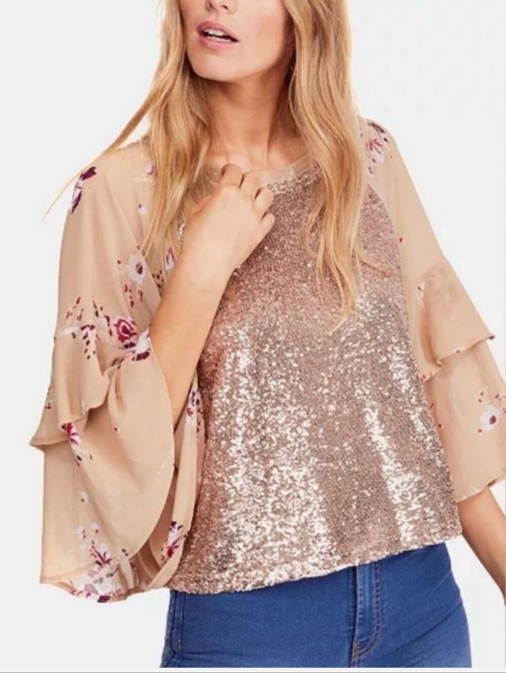 Free People Shimmy & Shake Sequin Floral Blouse
